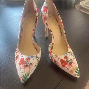 Jessica Simpson Floral Pointed-Toe Stilettos in White with Red & Green Accents